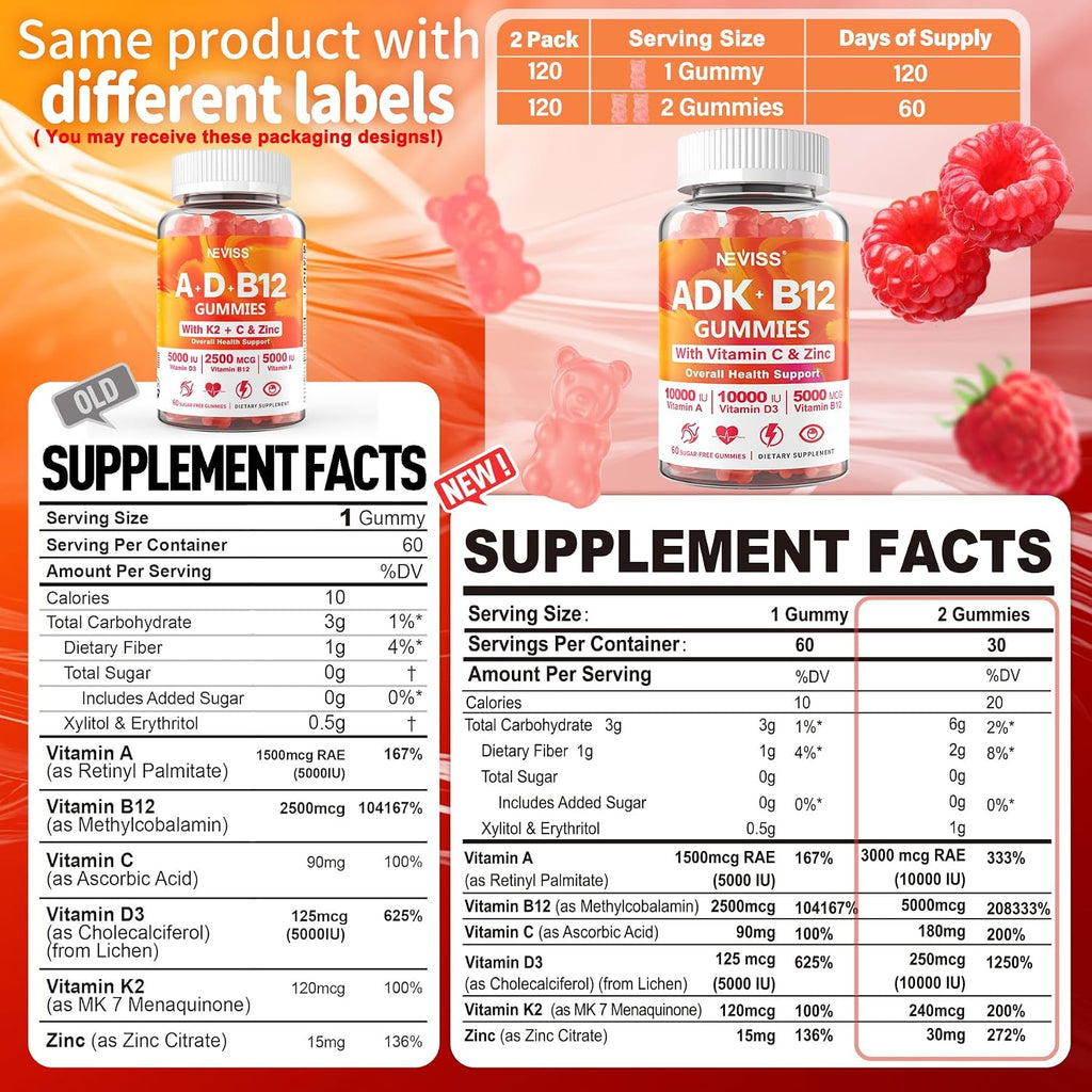 Gominolas ADK+Vitamina B12 Sin Azúcar - Vitamina D3 10000 UI, K2 MK-7 240 mcg, B12 5000 mcg, Multivitamínico Vegano para Adultos