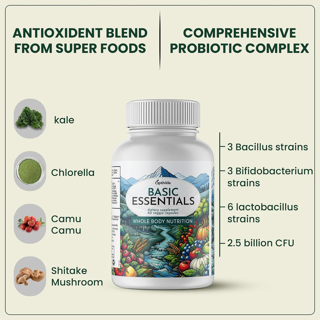 OPTIVIDA Multivitamínico Orgánico de Alimentos Integrales para Hombres y Mujeres (1 Mes) con Probióticos y Mezcla Antioxidante | Sin OGM