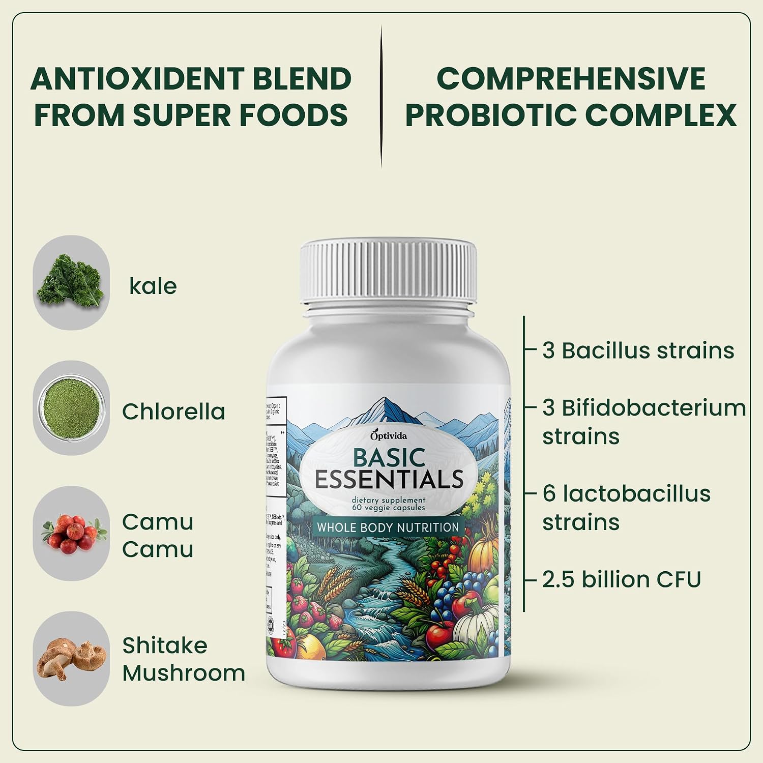 OPTIVIDA Multivitamínico Orgánico de Alimentos Integrales para Hombres y Mujeres (1 Mes) con Probióticos y Mezcla Antioxidante | Sin OGM