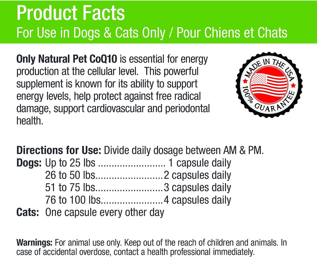 Only Natural Pet Cápsulas de CoQ10 para Perros y Gatos – Suplemento de Coenzima Q10 Ubiquinona – Ayuda a Mantener la Vitalidad, Energía y Bienestar General – 90 Cápsulas