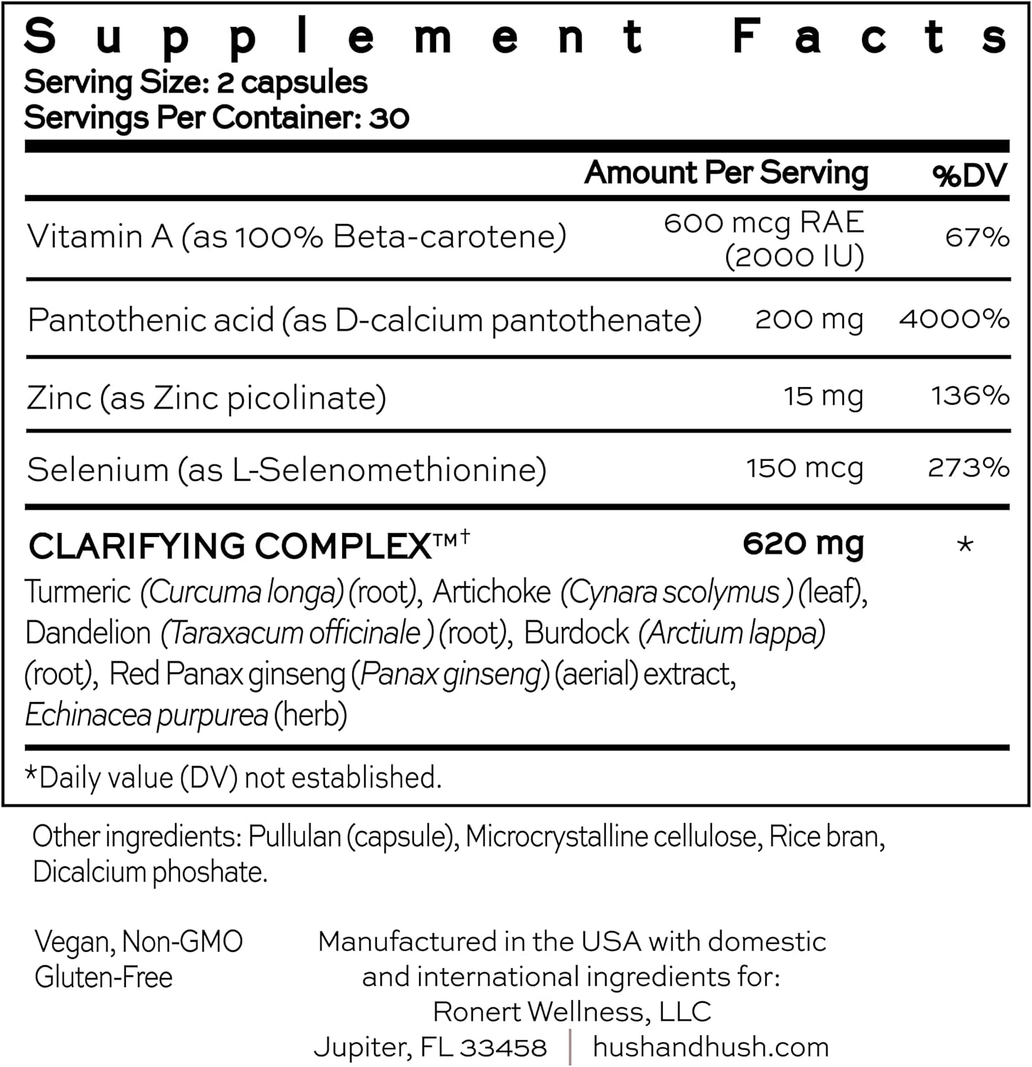 Hush & Hush Suplemento para el Acné – 60 Cápsulas – Fórmula Vegana con Vitamina A, Zinc y Cúrcuma