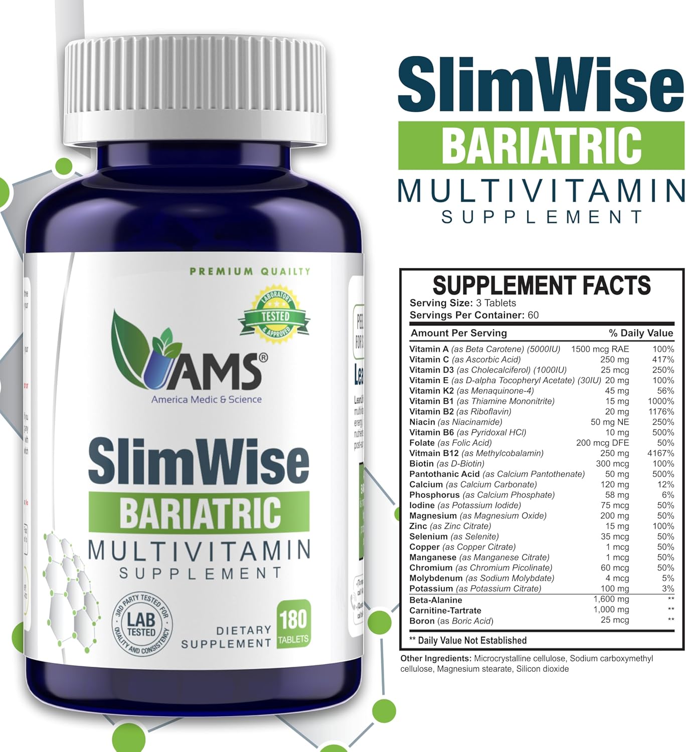 America Medic & Science SlimWise Bariatric Multivitamin 180 Caplets | 2 Meses de Suministro | Post Bypass Gástrico