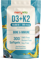 MERRY VITA Vitamina D3 K2 10000 UI + 200 mcg MK7 - 300 Cápsulas Blandas Veganas