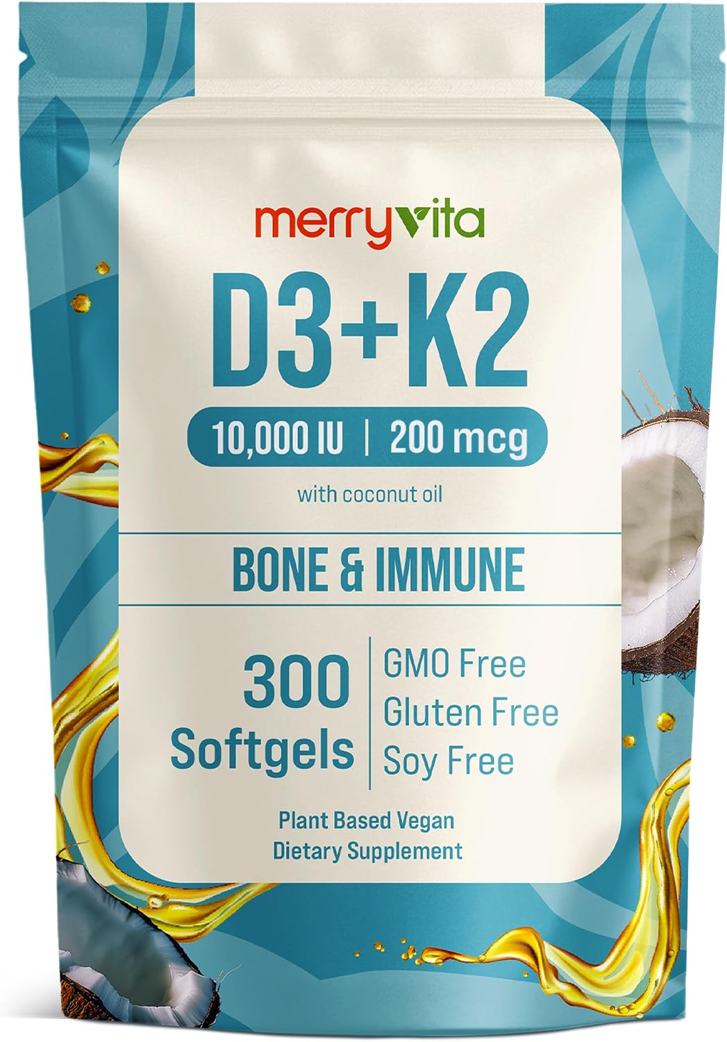 MERRY VITA Vitamina D3 K2 10000 UI + 200 mcg MK7 - 300 Cápsulas Blandas Veganas