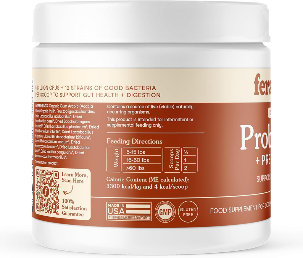 Fera Pets Probióticos Orgánicos para Perros y Gatos con Prebióticos - 12 Cepas, 5B UFC - 60 Dosis