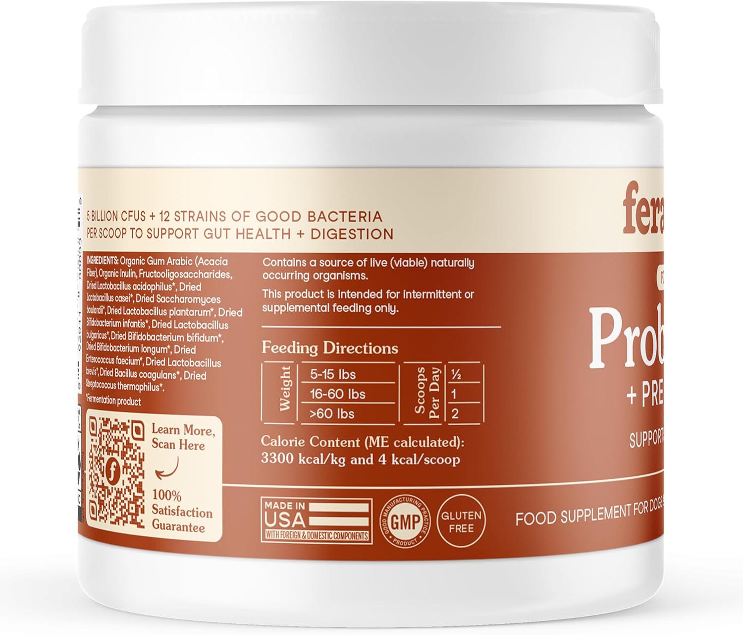 Fera Pets Probióticos Orgánicos para Perros y Gatos con Prebióticos - 12 Cepas, 5B UFC - 60 Dosis