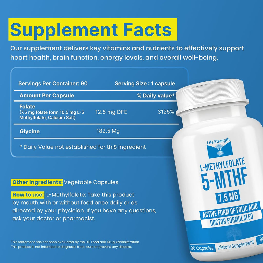 LifeStrength L-Metilfolato 7.5mg - 90 Cápsulas - Complemento de Folato Metilado Bioactivo