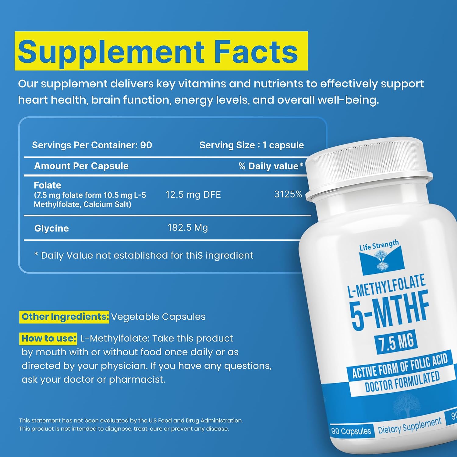 LifeStrength L-Metilfolato 7.5mg - 90 Cápsulas - Complemento de Folato Metilado Bioactivo