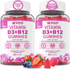 NEVISS 2Pack Gominolas Veganas de Vitamina D3 + B12, Alta Potencia D3 5000IU y 1000 mcg de B12 Metilada, para Adultos, Apoya la Salud Ósea, Inmunidad y Energía, 120 Unidades