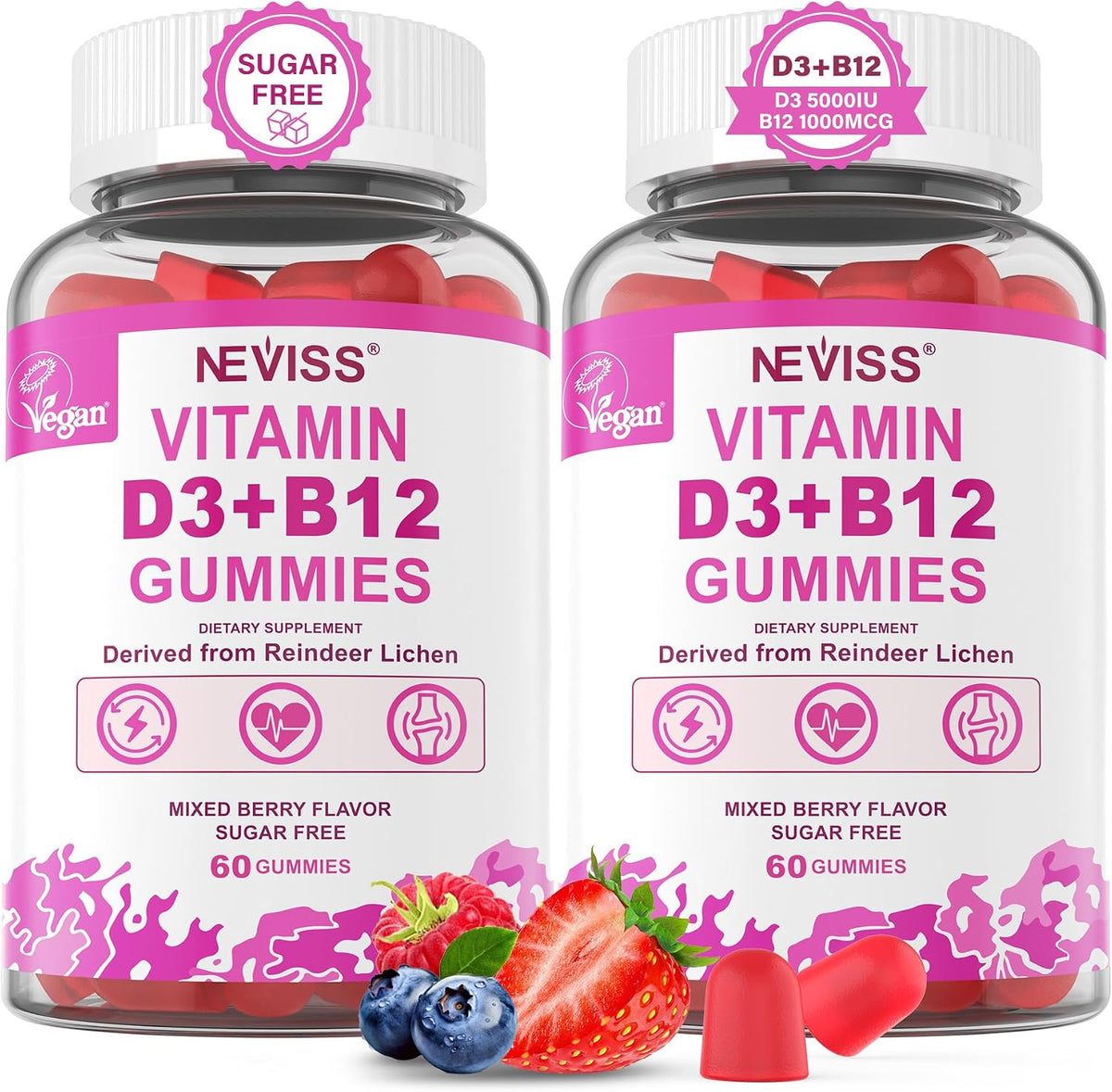 NEVISS 2Pack Gominolas Veganas de Vitamina D3 + B12, Alta Potencia D3 5000IU y 1000 mcg de B12 Metilada, para Adultos, Apoya – Image 1
