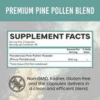 Cápsulas de Polen de Pino 500mg (Pinus Ponderosa) - Recolectado Salvaje en California - Grado Olímpico - Orgánico, No-GMO, Sin Rellenos - 40 Cápsulas