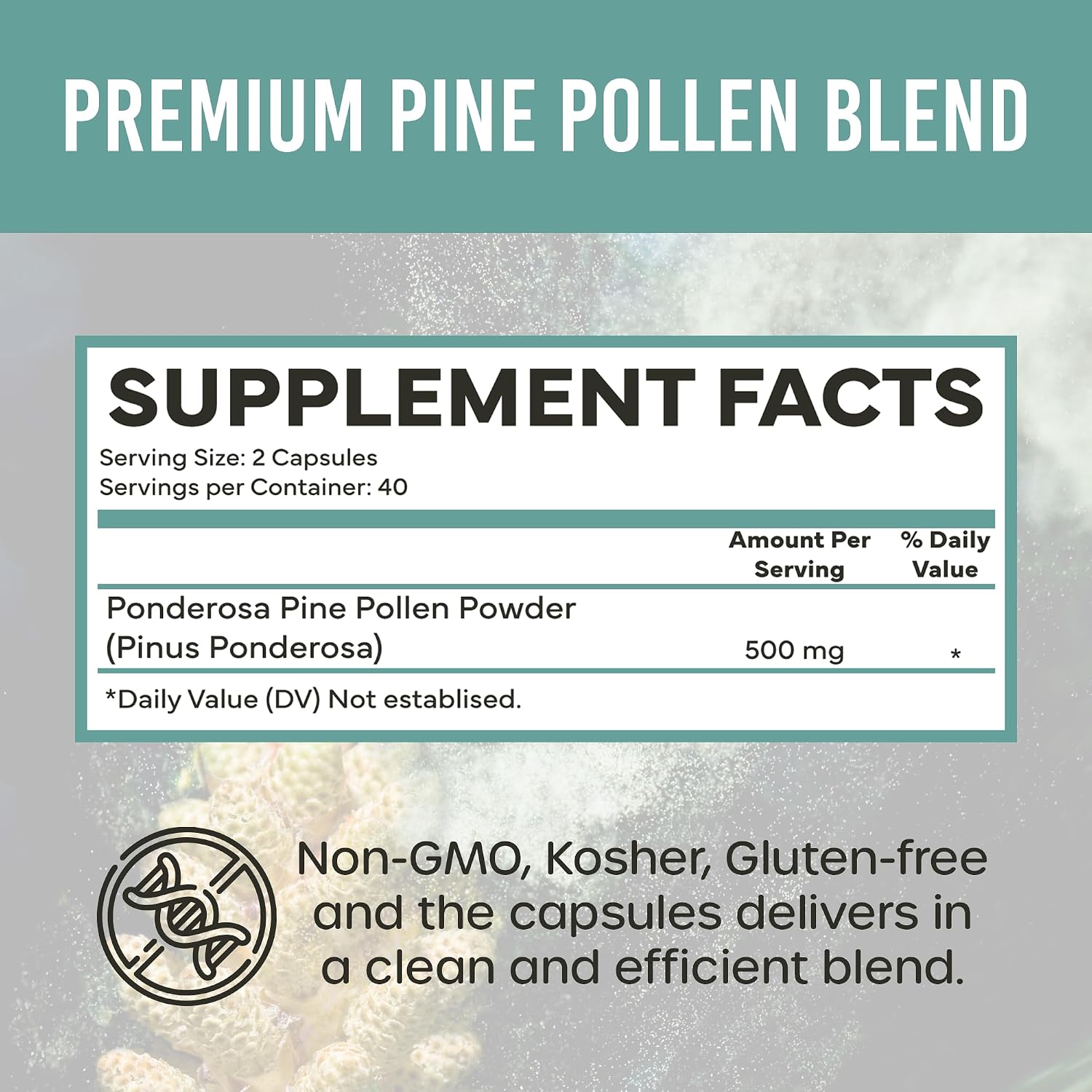 Cápsulas de Polen de Pino 500mg (Pinus Ponderosa) - Recolectado Salvaje en California - Grado Olímpico - Orgánico, No-GMO, Sin Rellenos - 40 Cápsulas