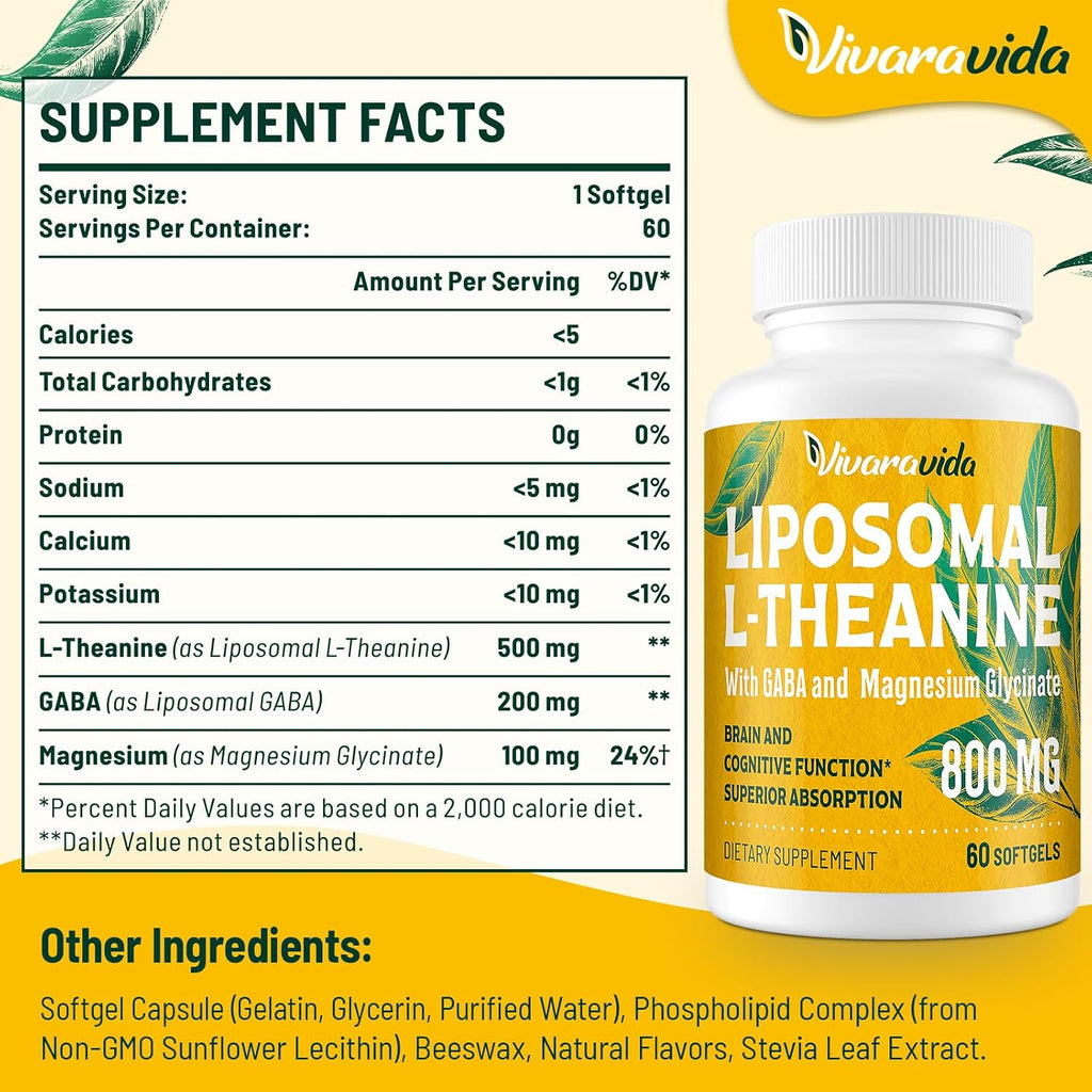 Vivaravida L-Theanina 800mg con GABA y Glicinato de Magnesio - Compuesto Natural para el Sueño y la Relajación (60 Cápsulas Blandas)