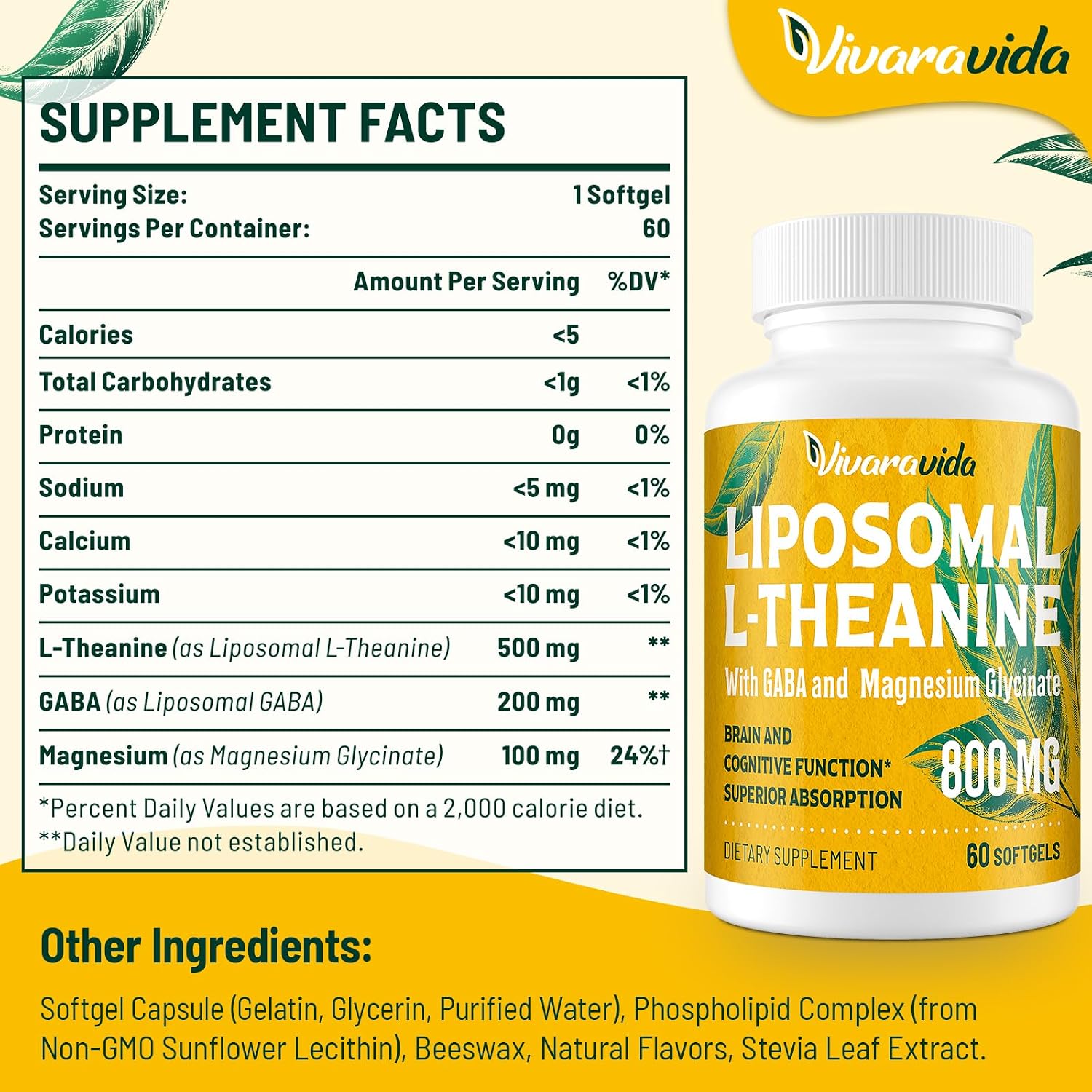 Vivaravida L-Theanina 800mg con GABA y Glicinato de Magnesio - Compuesto Natural para el Sueño y la Relajación (60 Cápsulas Blandas)