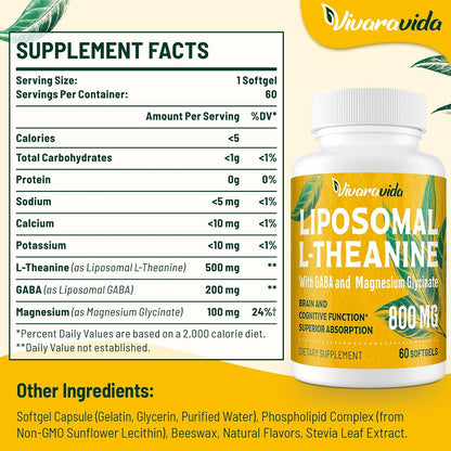 Vivaravida L-Theanina 800mg con GABA y Glicinato de Magnesio - Compuesto Natural para el Sueño y la Relajación (60 Cápsulas – Image 2