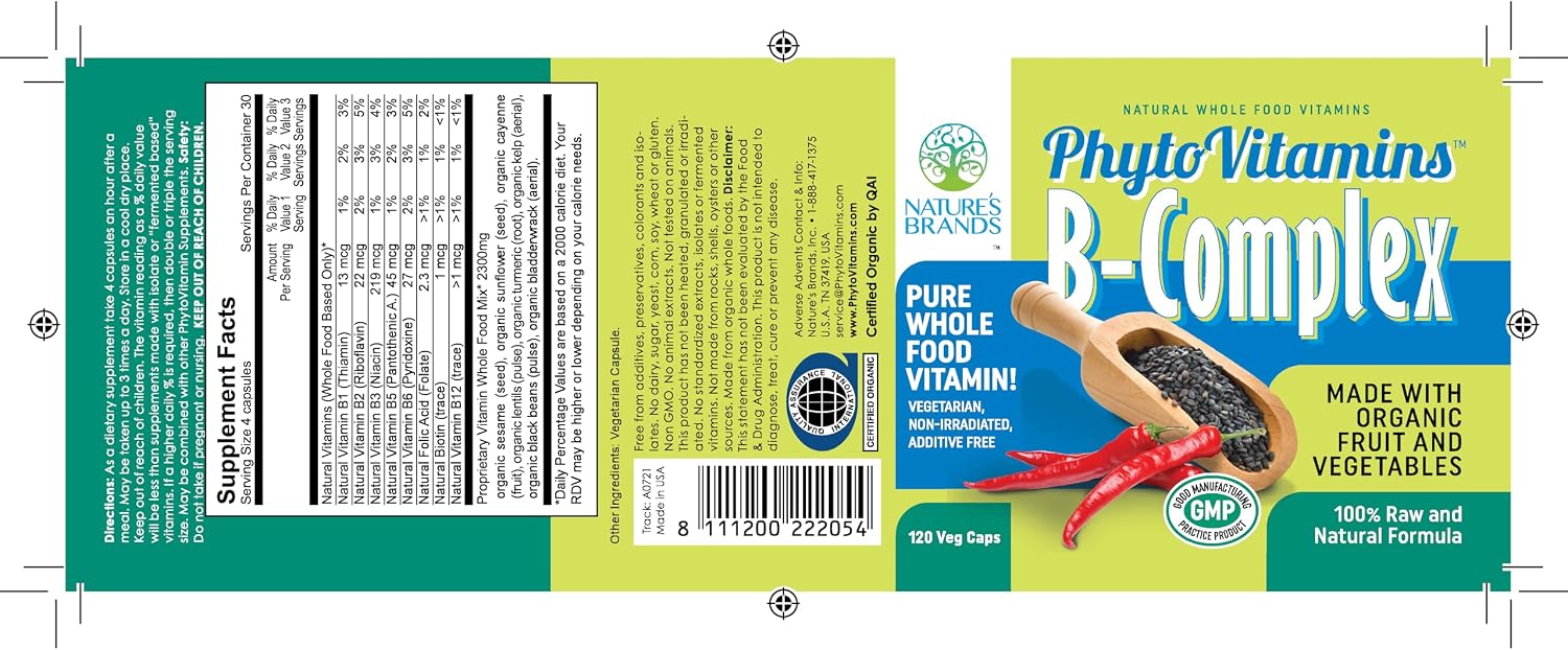 Nature's Brands Organic Whole Food Vitamin B-Complex by PhytoVitamins; 120-Count Vegetarian Capsules