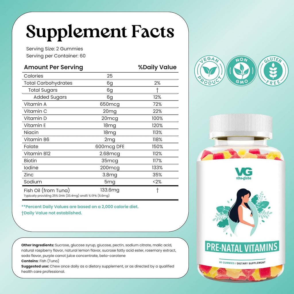 VITA Globe Gomitas Prenatales con Aceite de Pescado – 60 unidades, Multivitamínico con DHA, Folato, Vitamina D3, B12, Biotina y Yodo
