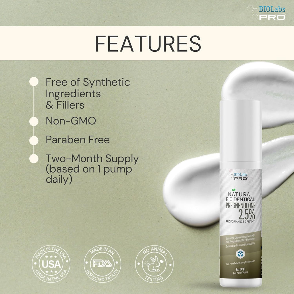 BIOLABS PRO Pregnenolona, Pregnenolona Bioidéntica Natural, 2.5% Máxima Potencia, Suministro para Dos Meses (Sin Fragancia - 85g)
