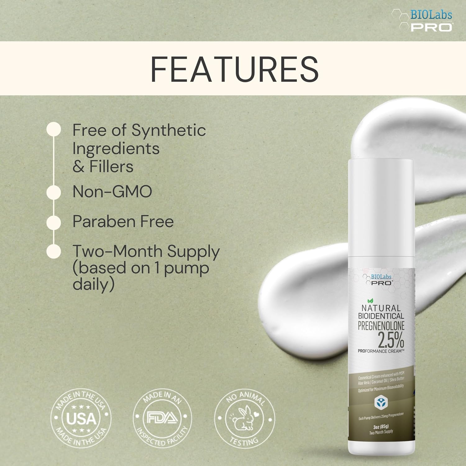 BIOLABS PRO Pregnenolona, Pregnenolona Bioidéntica Natural, 2.5% Máxima Potencia, Suministro para Dos Meses (Sin Fragancia - 85g)