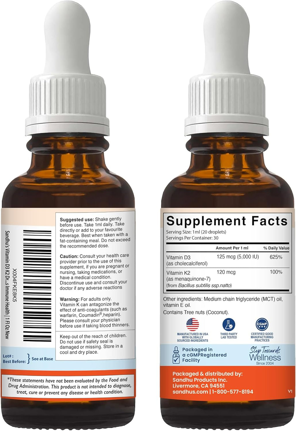 Sandhu's Gotas de Vitamina D3 y K2 para Adultos | 5000 UI D3, 120 mcg K2, 2 x 30 ml