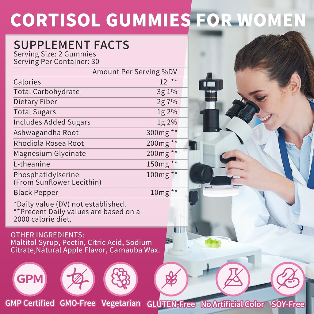 Wanish Gominolas de Cortisol para Mujeres - 60 Gominolas Sabor Manzana