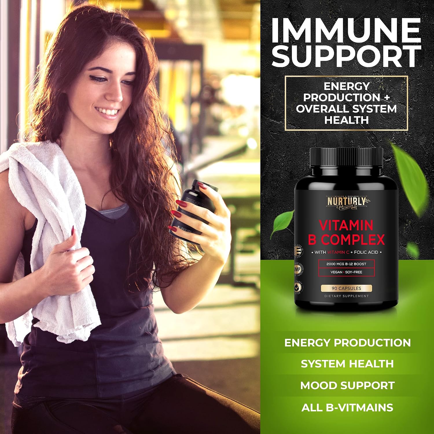 NURTURLY Complejo B con Vitamina C – Todas las Vitaminas B Esenciales – 90 Cápsulas