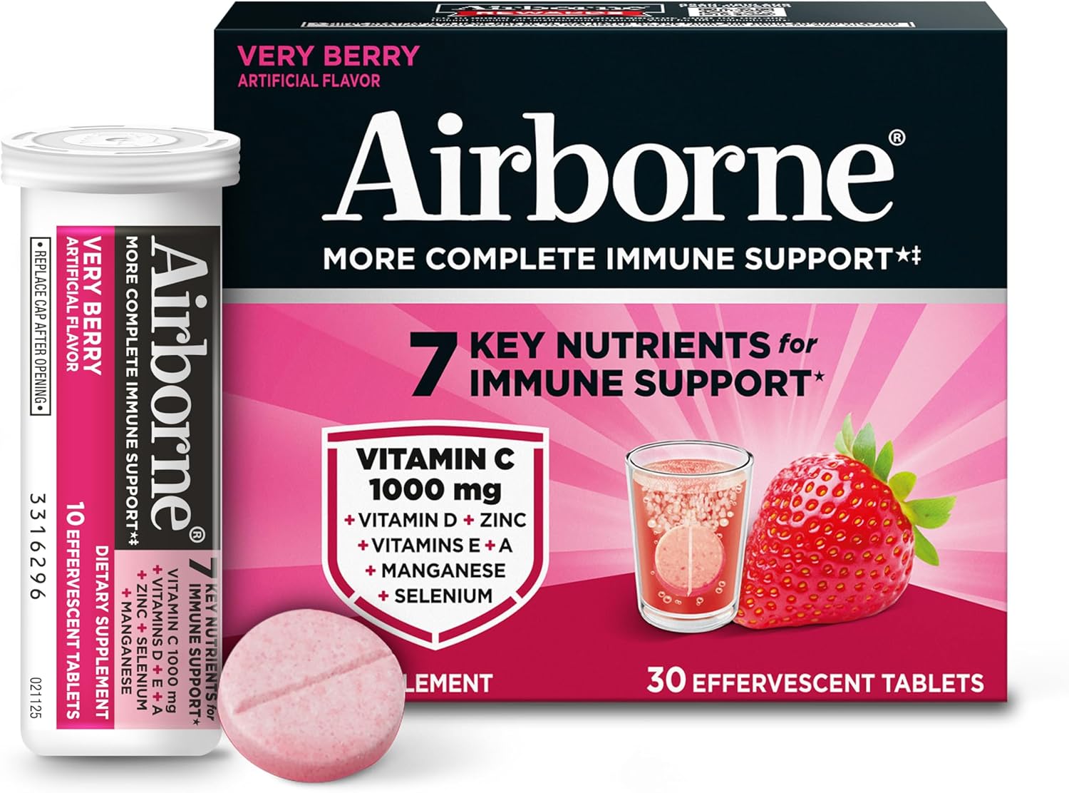 Airborne Comprimidos Efervescentes para el Sistema Inmunitario, Sabor Very Berry - 30 uds con 1000 mg de Vitamina C + Vitaminas A, D, E, Zinc, Selenio, Manganeso y Hierbas - Sin Azúcar, Sin Gluten