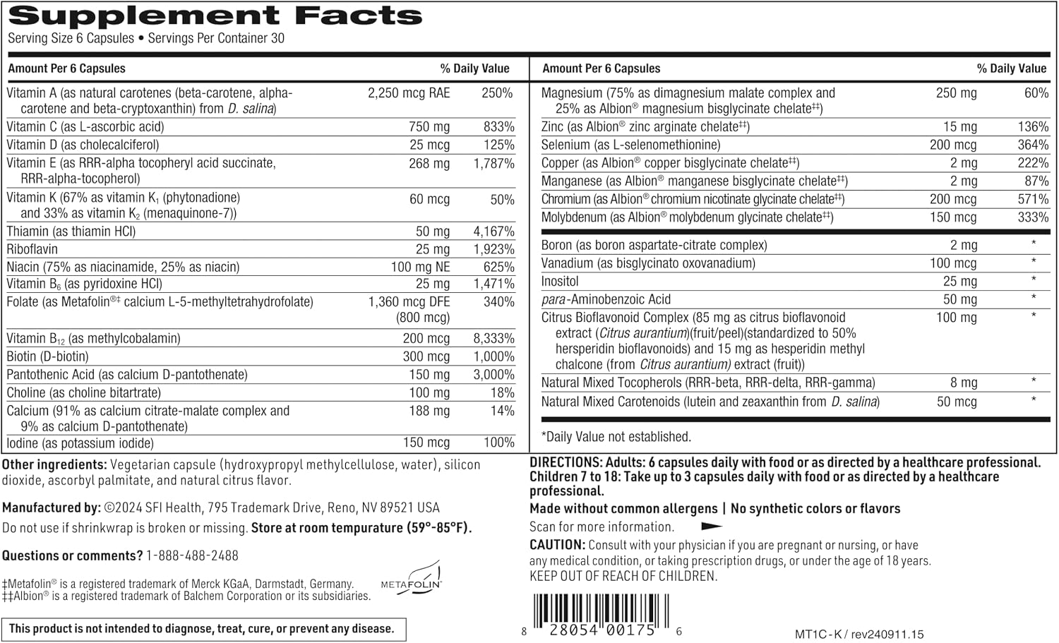 Klaire Labs MultiThera 1 Plus K – Multivitamínico sin Hierro con Vitamina K1 y K2, 180 Cápsulas
