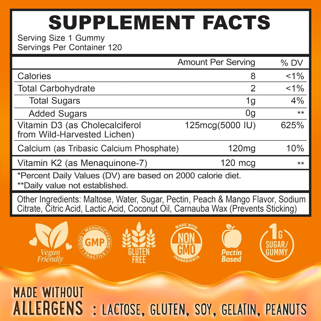 OH MY CHEWY Gominolas de Vitamina D3 K2 y Calcio - 5000 UI D3, 120 mcg K2 (MK-7), 120 mg Calcio - Vegano y no GMO - 120 unidades
