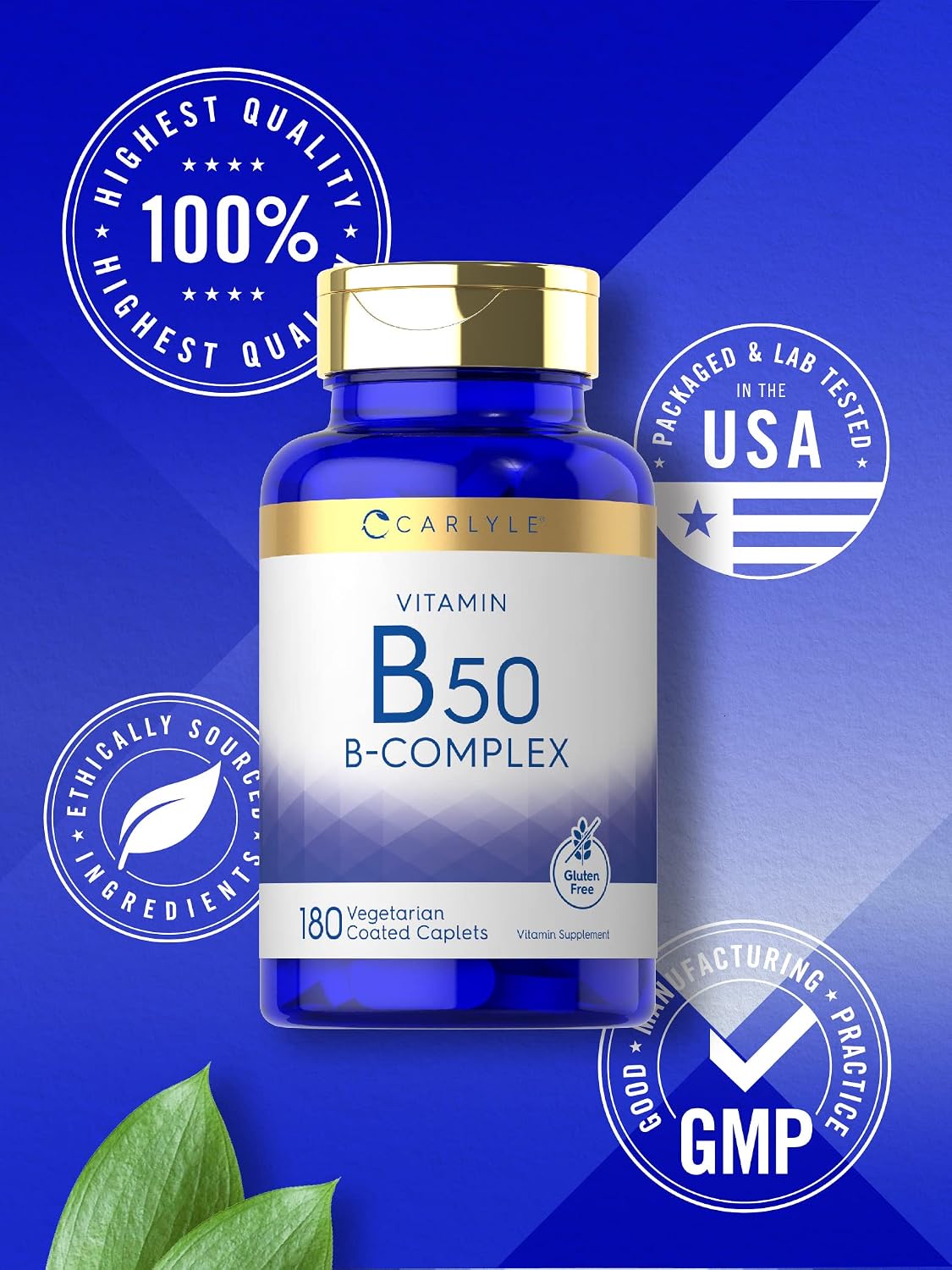 Complejo Vitamínico B50 de Carlyle | 180 Comprimidos | Vegetariano, No-GMO, Sin Gluten