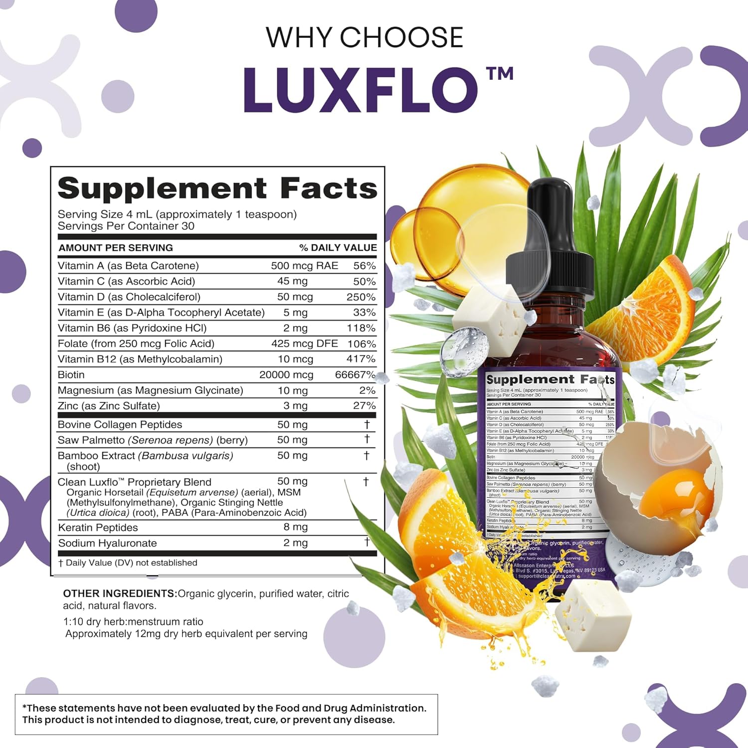 LuxFlo Biotina y Colágeno Líquido - Suplemento Completo para Cabello, Piel y Uñas