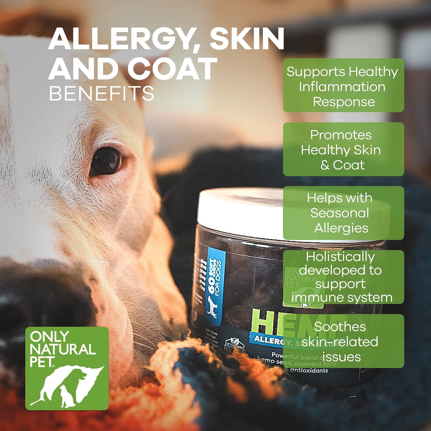 Only Natural Pet Masticables Suaves de Hemp para Alergias, Piel y Pelaje - 60 unidades