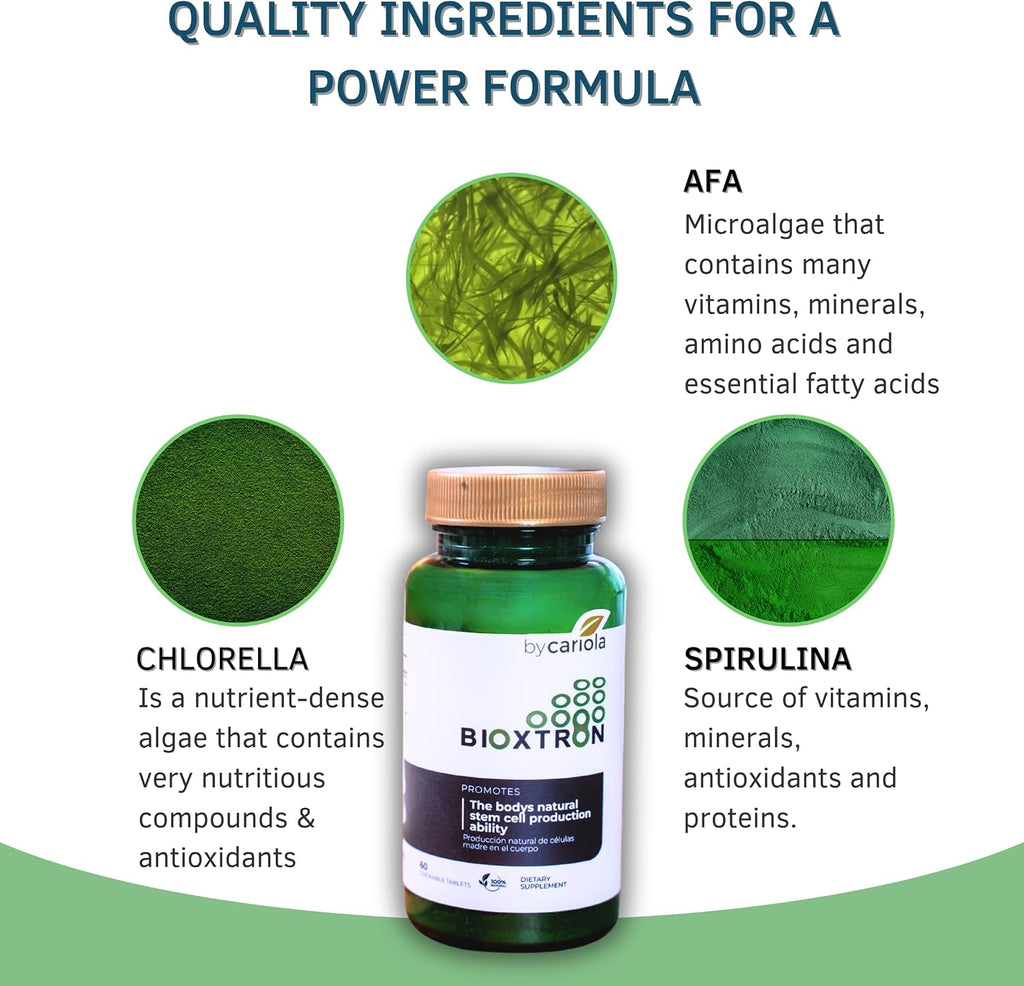 Bioxtron Natural Stem Cell Supplement Chewable Tablets - Spirulina, Chlorella, AFA - Supports Energy, Joint, Muscle, Immune Health - Stem Cell Regenerator - 60 Tablets (30 Servings)