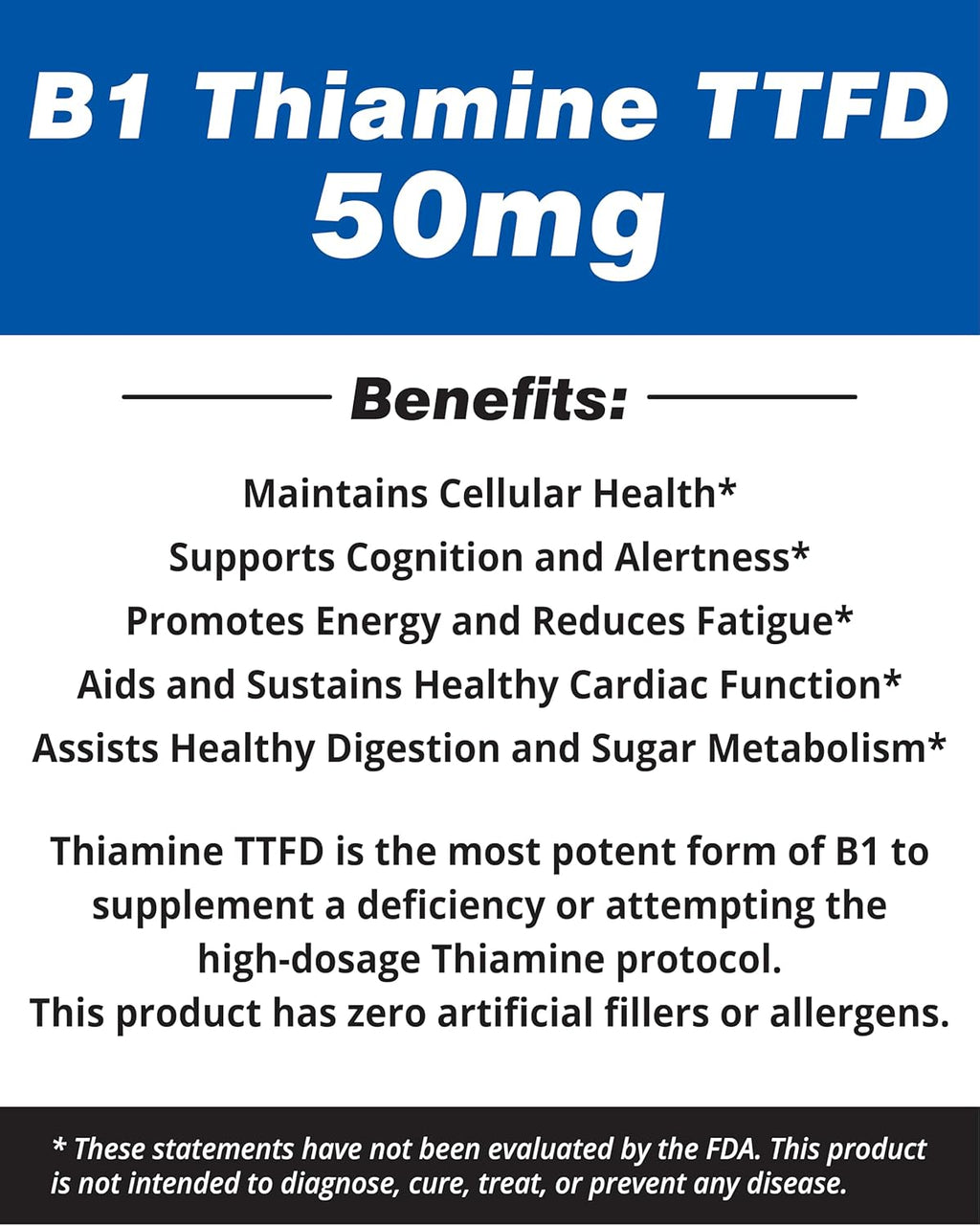 Vitamina B1 Tiamina TTFD - 50 mg - 250 Cápsulas - Vegano