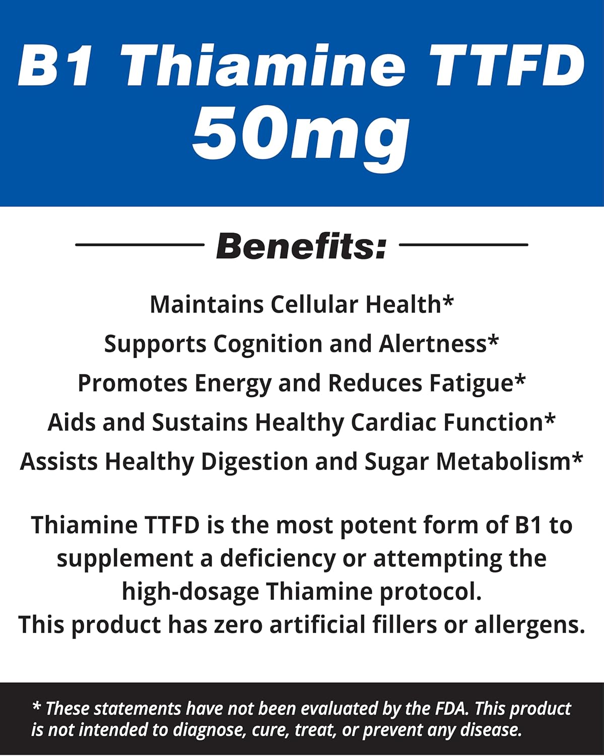 Vitamina B1 Tiamina TTFD - 50 mg - 250 Cápsulas - Vegano