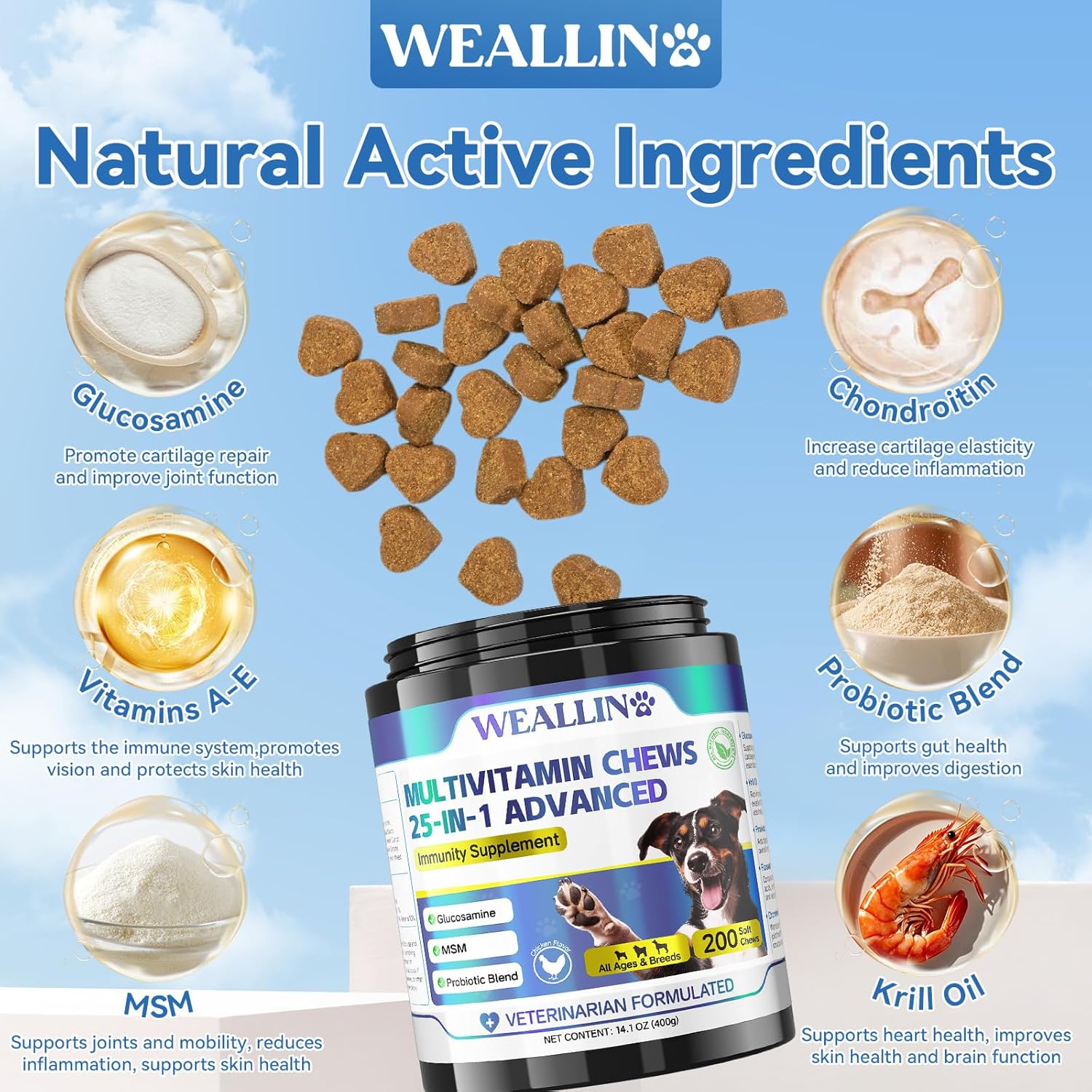 Multivitamínico para Perros 25 en 1 con Glucosamina, Probióticos y Omega-3 – 200 Comprimidos Masticables