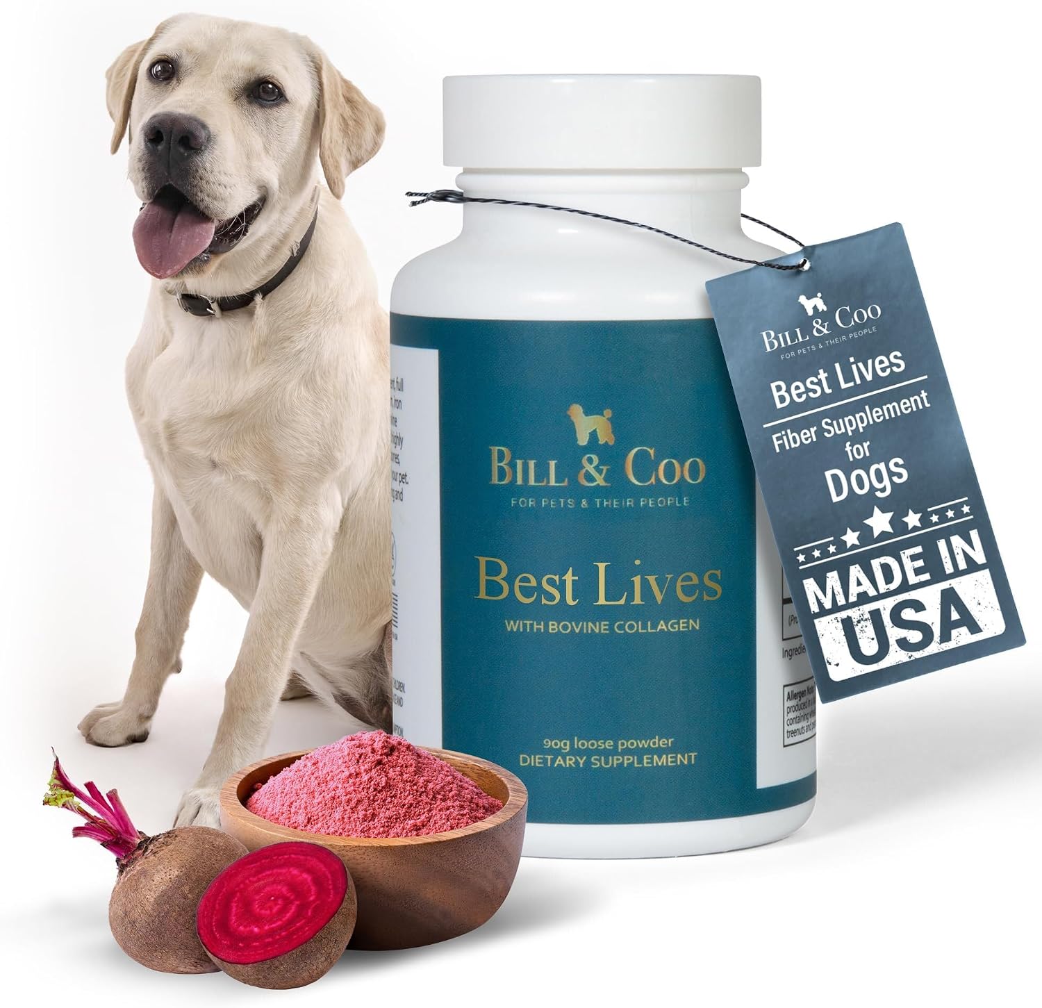 BILL & COO Best Lives Suplemento de Fibra con Probióticos, Colágeno Bovino y Remolacha para Perros - 90g