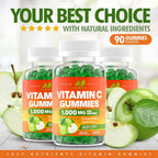Vitamin C 1000mg Gummies (90 Count) - Maximum Strength Chewable Immune Support & Collagen Support for Adults & Kids - Natural Green Apple Flavor - Gluten Free, Non-GMO, Vegetarian - 90 Gummies