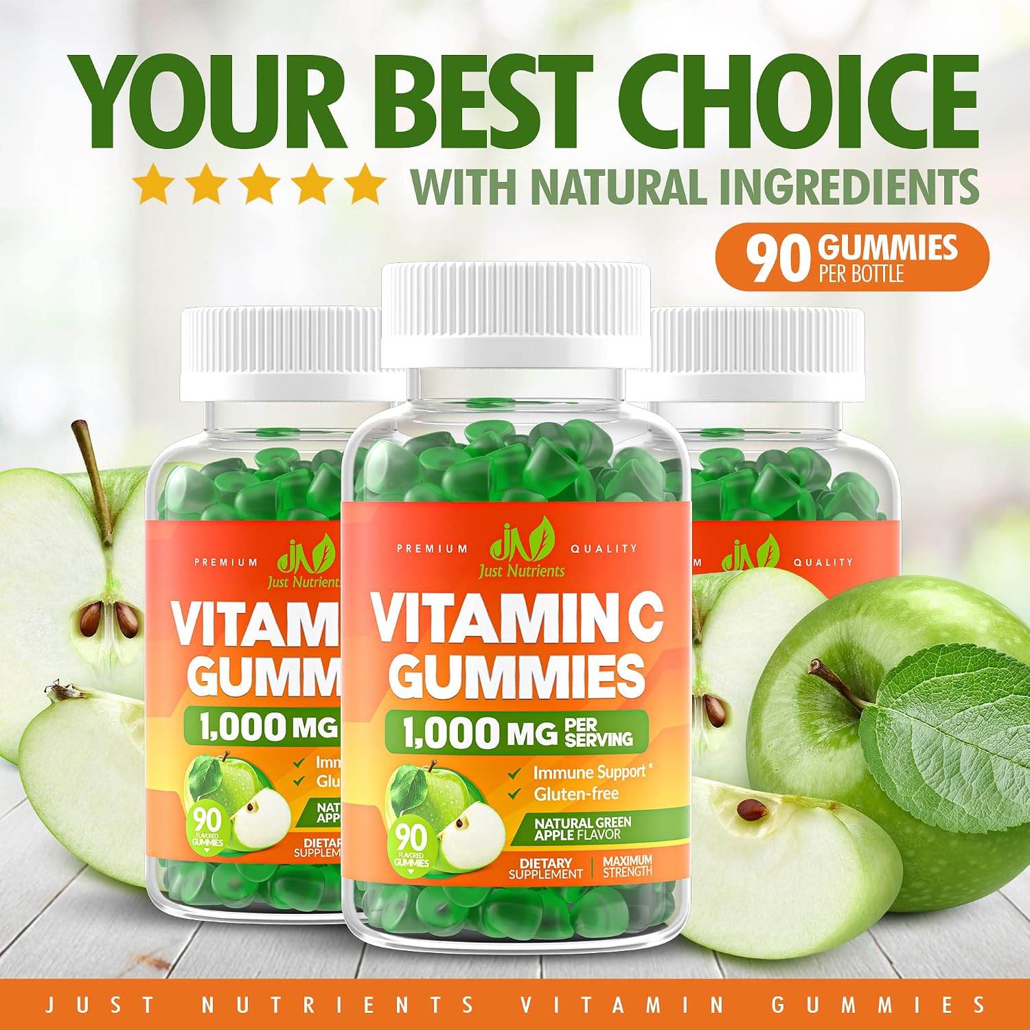 Vitamin C 1000mg Gummies (90 Count) - Maximum Strength Chewable Immune Support & Collagen Support for Adults & Kids - Natural Green Apple Flavor - Gluten Free, Non-GMO, Vegetarian - 90 Gummies