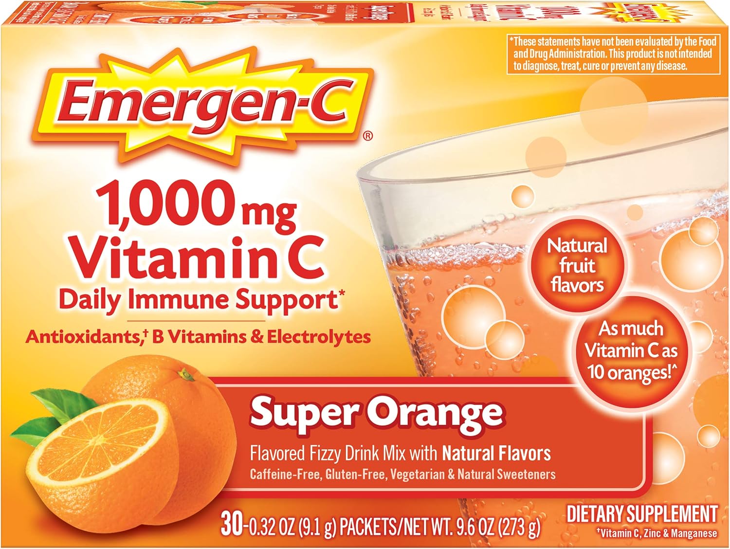 Emergen-C 1000 mg Vitamina C en Polvo con Zinc, Manganeso, Vitaminas B y Electrolitos, Sabor Naranja Super, 30 Sobres