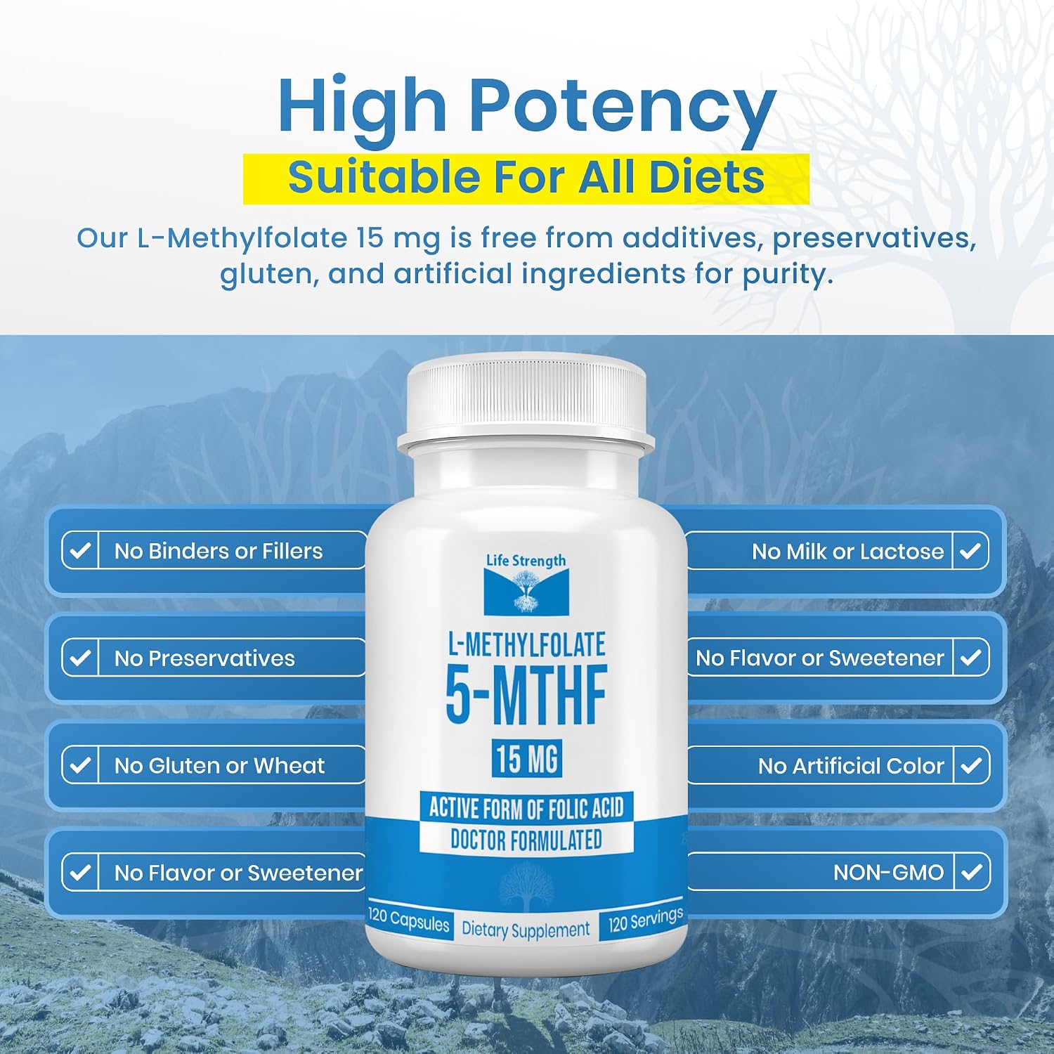 L-Metilfolato 15 mg, 120 cápsulas - Metilfolato altamente biodisponible, complemento alimenticio para ayudar al estado de ánimo y al sistema inmunológico