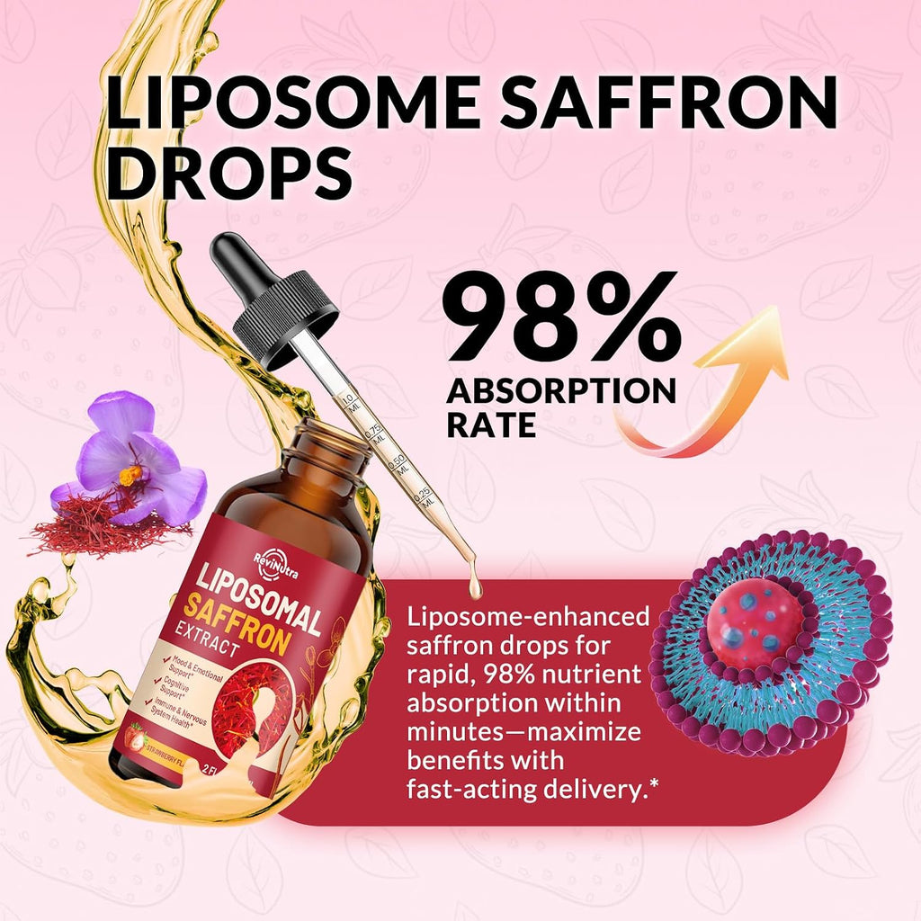 ReviNutra Saffron Extract Liposomal Drops – 88.5mg con Magnesio, Zinc, Ashwagandha, L-Theanina, Vitamina B6, D3 – Sabor Fresa 59ml (2 Fl Oz)