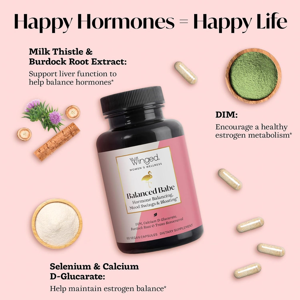 Winged Wellness Balanced Babe - Suplemento de equilibrio hormonal para mujeres con DIM y cardo mariano - 60 cápsulas