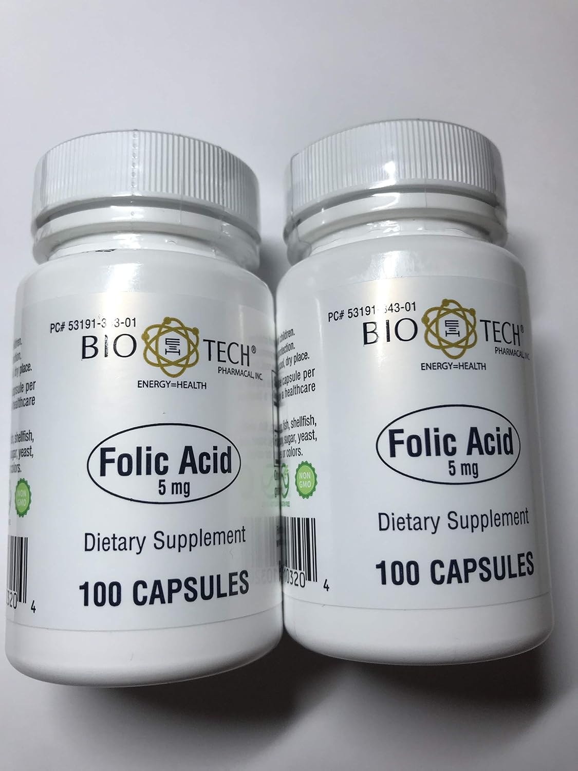 Ácido Fólico 5 mg, 100 Cápsulas (Paquete de 2) - BioTech Pharmacal