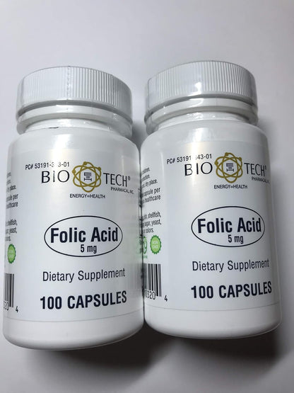 Ácido Fólico 5mg – BioTech Pharmacal – 100 Cápsulas – Pack de 2