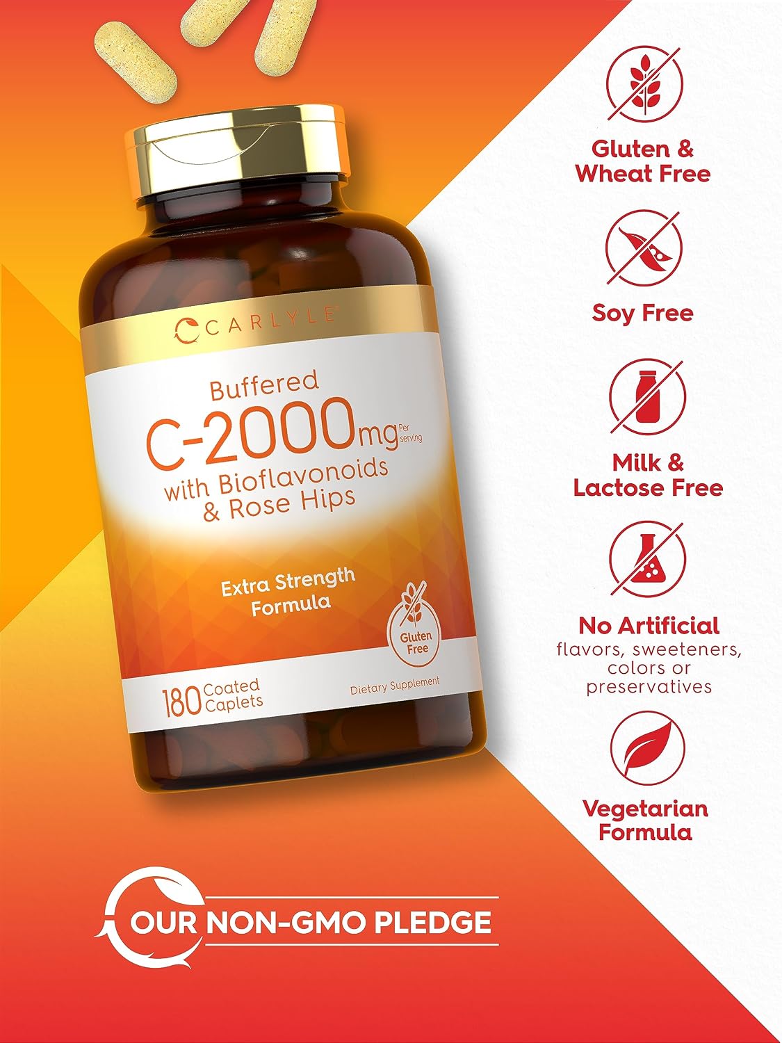 Carlyle Vitamina C Tamponada 2000 mg con Bioflavonoides y Escaramujo – 180 Comprimidos