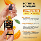 Vitamin D3 K2 USDA Organic Drops - Vitamina D3 10000 IU & K2 como MK-7 120mcg - Apoyo Inmune y de Ánimo, Salud de Huesos y Dientes - Sin Azúcar, Sabor Naranja - Suplemento Líquido - 60 ml, 60 Días