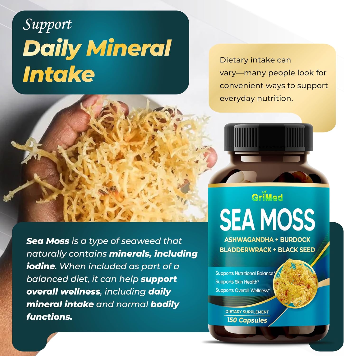 Premium Sea Moss with Ashwagandha, Burdock Bladderwrack, Black Seed for Immune System, Skin, Digestion & Energy (150 Count)