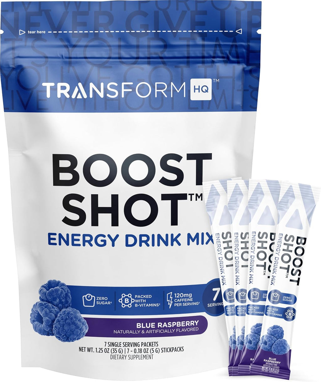 TransformHQ Boost Shot - Bebida en polvo con cafeína y vitaminas B, Blue Raspberry, 7 sobres