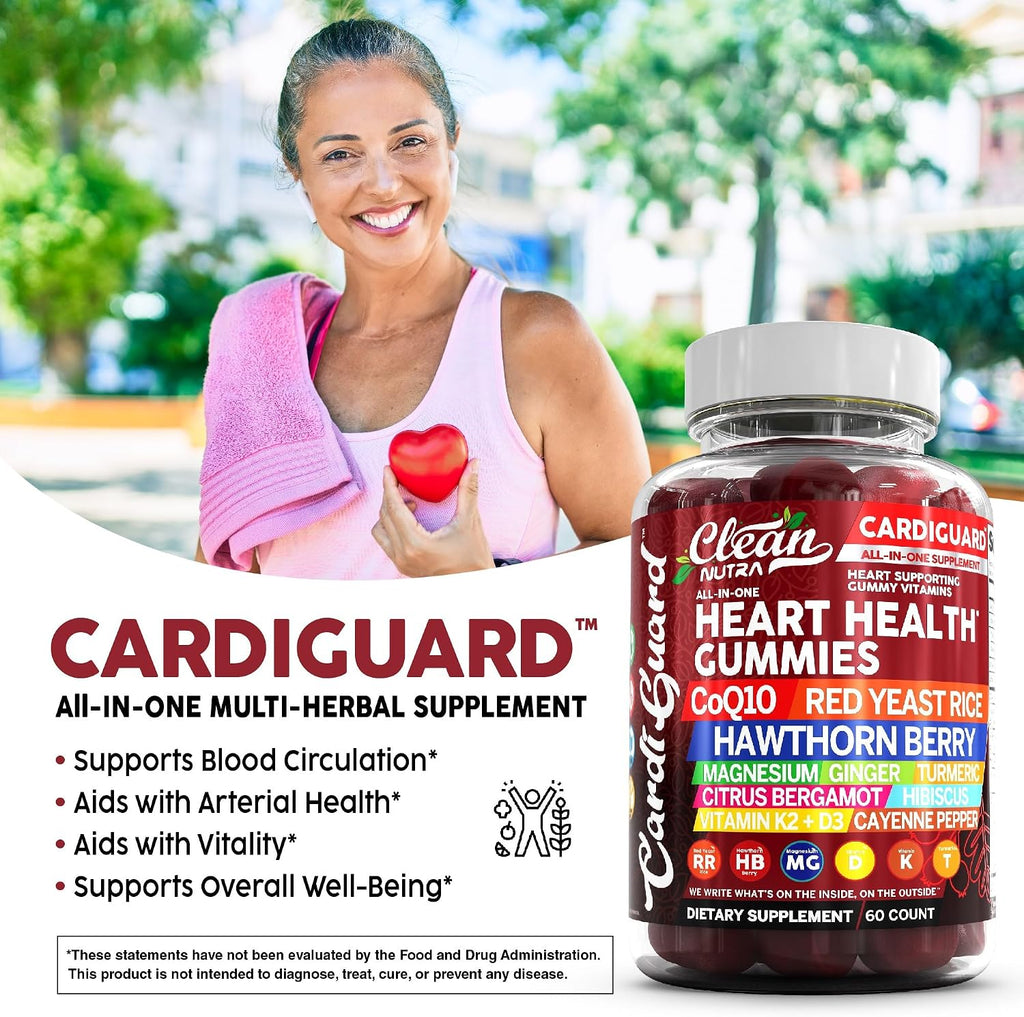 Clean Nutraceuticals CoQ10 Gummies - CardiGuard - Gominolas de Coenzima Q10 con Arroz de Levadura Roja, Espino Blanco, Jengibre, Cúrcuma, Bergamota, Hibisco, Vitamina K2+D3, Magnesio Glicinato, Pimienta de Cayena y Fenogreco - Sabor Naranja